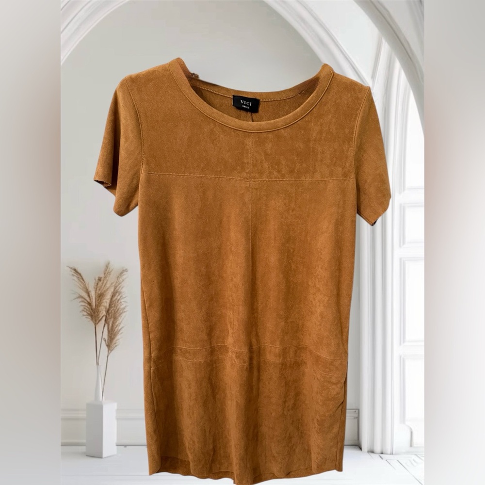 VICI Dress Brown Faux Suede Shift Dress Tee Dress Short Sleeve Size Small